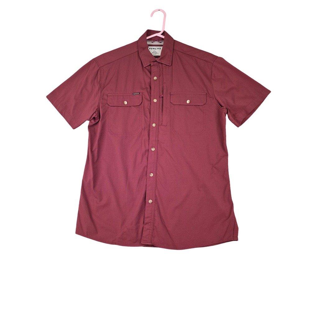 Poncho Outdoors Mens Slim Fit Short Sleeve Fishing Shirt Burgundy Red Small